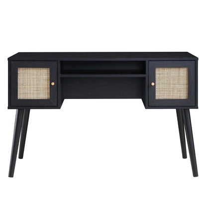 Bureau 2 portes en rotin tressé Frances, noir