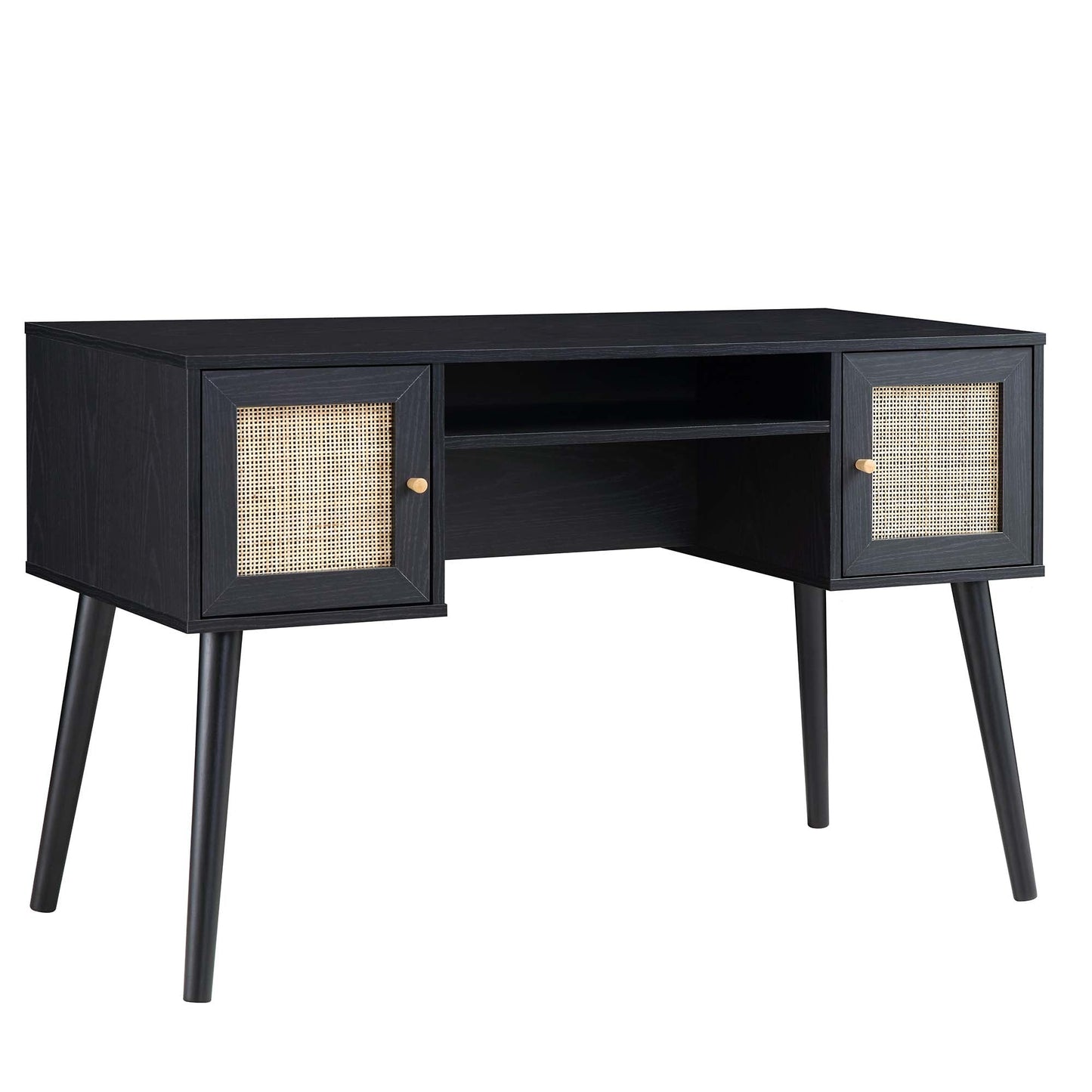 Bureau 2 portes en rotin tressé Frances, noir