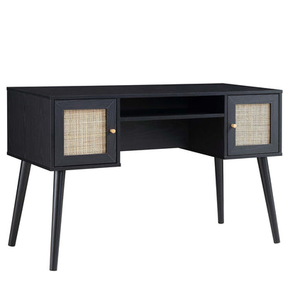 Bureau 2 portes en rotin tressé Frances, noir