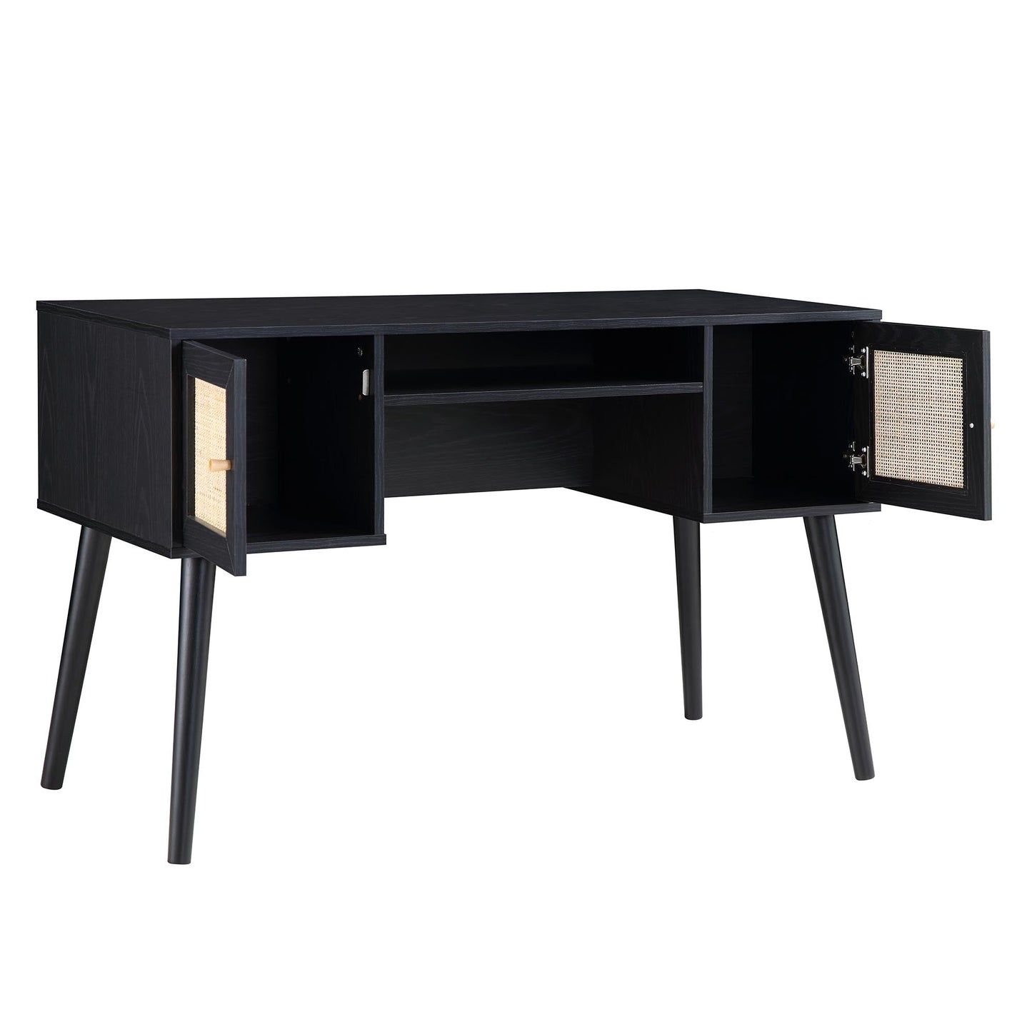 Bureau 2 portes en rotin tressé Frances, noir