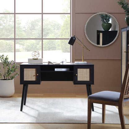 Bureau 2 portes en rotin tressé Frances, noir
