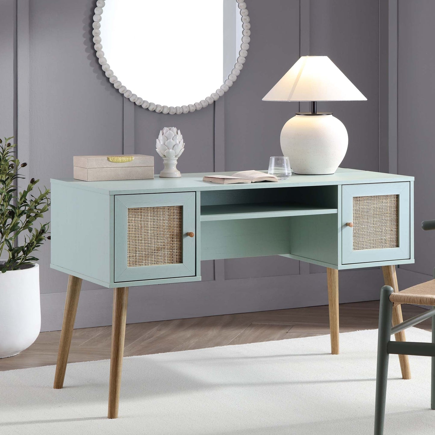 Bureau 2 portes en rotin tressé Frances, menthe
