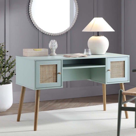 Bureau 2 portes en rotin tressé Frances, menthe