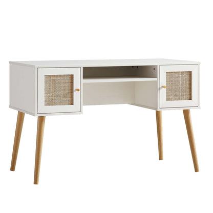 Bureau 2 portes en rotin tressé Frances, blanc