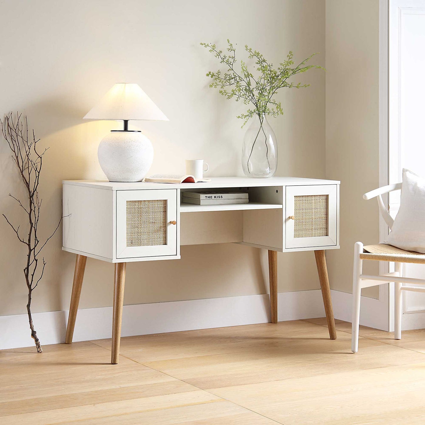 Bureau 2 portes en rotin tressé Frances, blanc