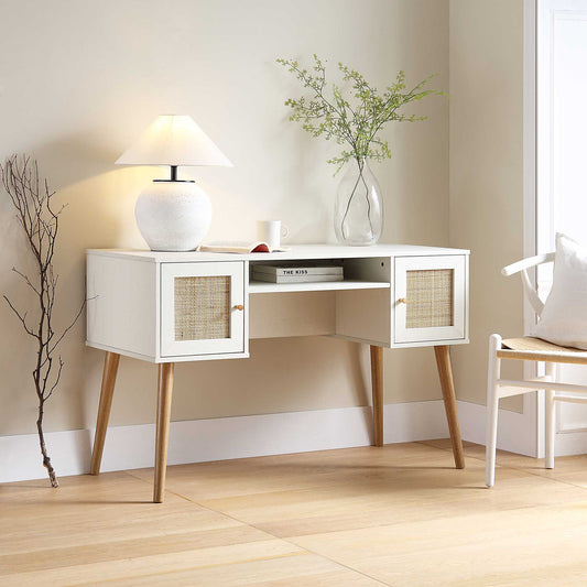 Bureau 2 portes en rotin tressé Frances, blanc
