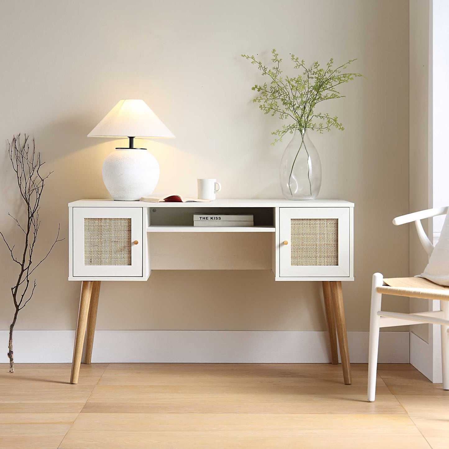 Bureau 2 portes en rotin tressé Frances, blanc