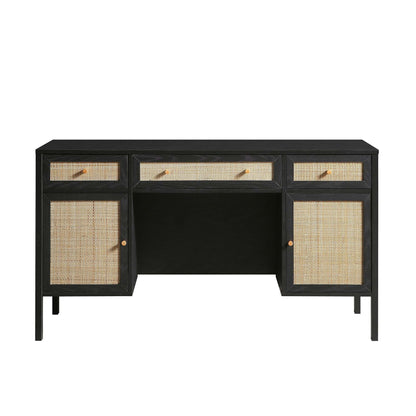 Bureau 3 tiroirs en rotin tressé Frances, noir