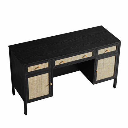 Bureau 3 tiroirs en rotin tressé Frances, noir