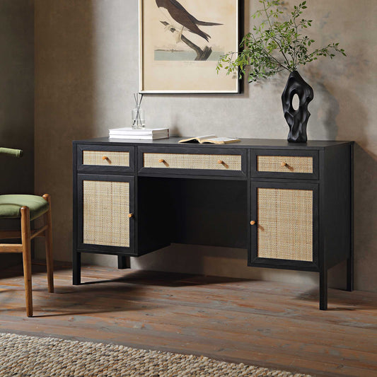 Bureau 3 tiroirs en rotin tressé Frances, noir