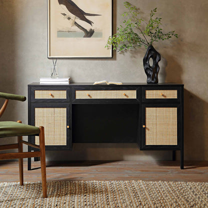 Bureau 3 tiroirs en rotin tressé Frances, noir