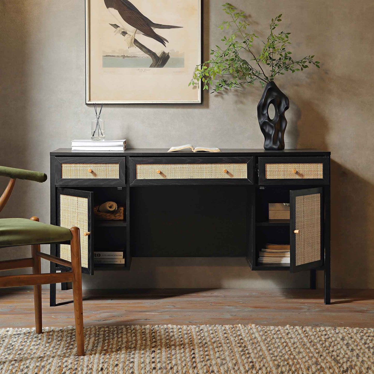 Bureau 3 tiroirs en rotin tressé Frances, noir