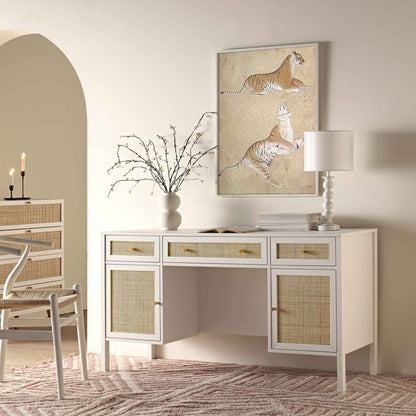 Bureau 3 tiroirs en rotin tressé Frances, blanc