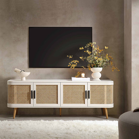 Meuble TV Izzy Curved Rattan 63" large, blanc