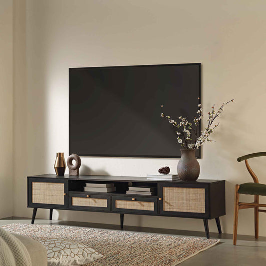 Meuble TV Frances en rotin tressé, 79 po de large, noir