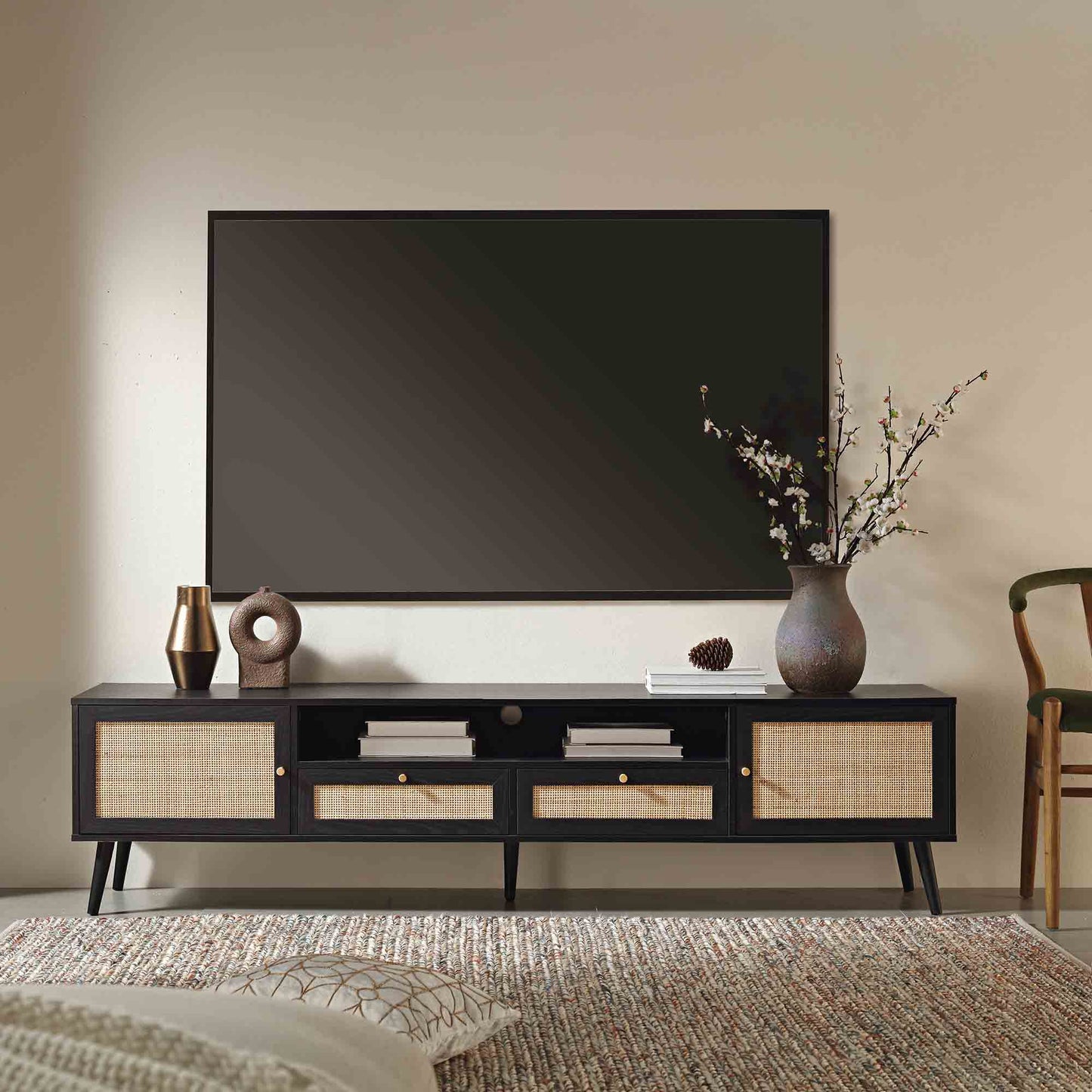 Meuble TV Frances en rotin tressé, 79 po de large, noir