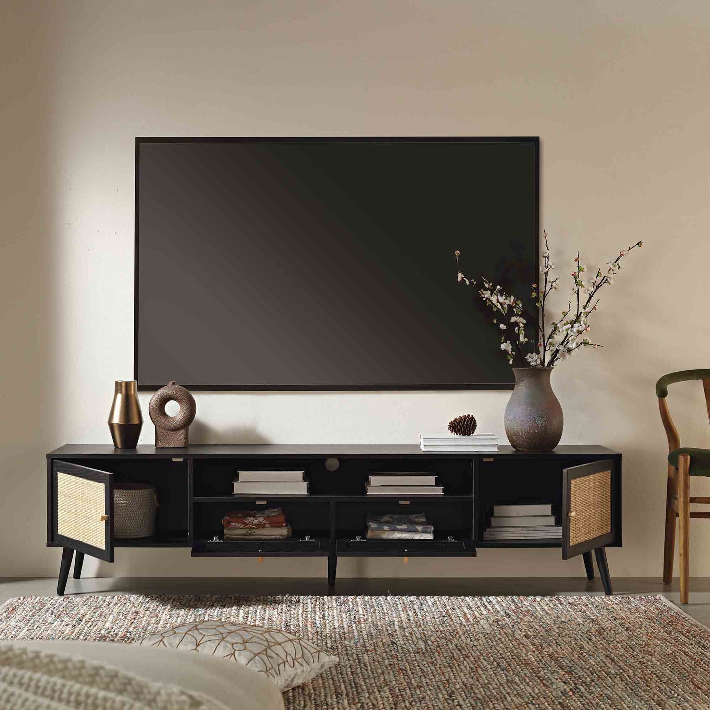 Meuble TV Frances en rotin tressé, 79 po de large, noir