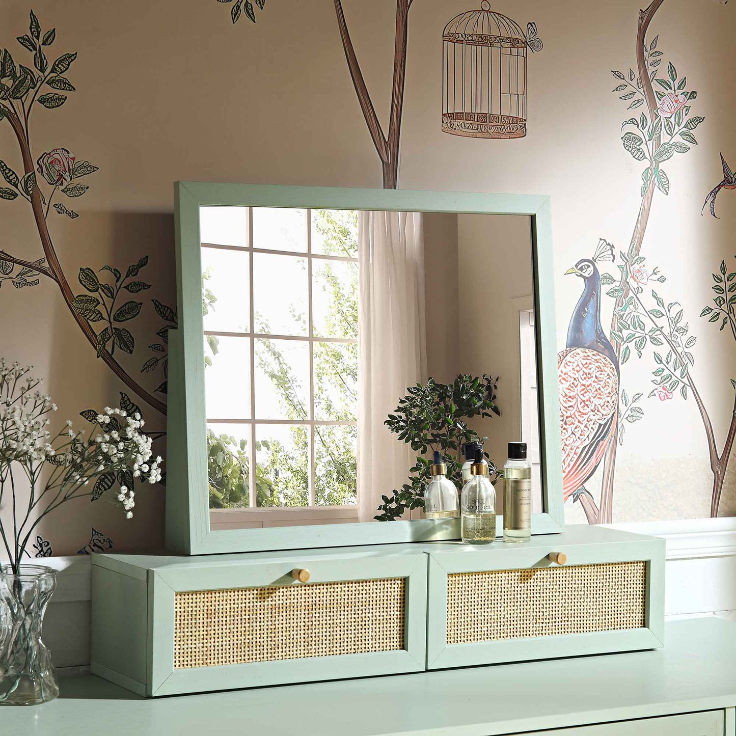 Miroir de courtoisie en rotin tressé Frances, menthe