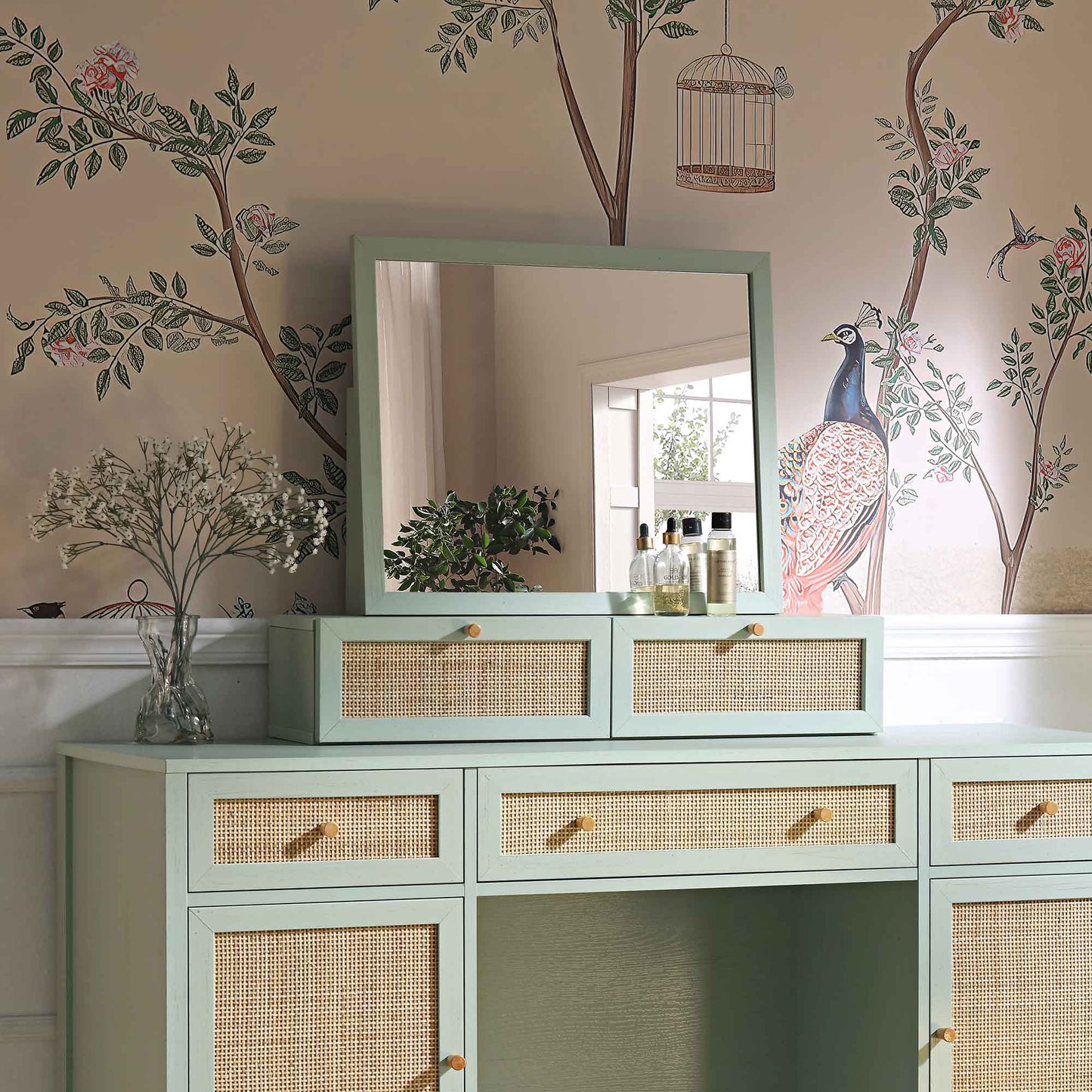 Miroir de courtoisie en rotin tressé Frances, menthe