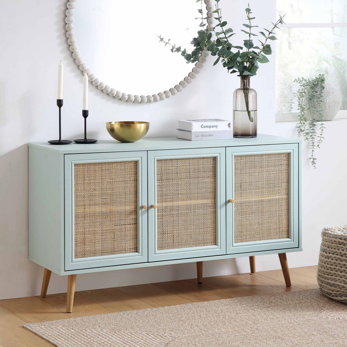 Buffet 3 portes en rotin tressé Frances, menthe