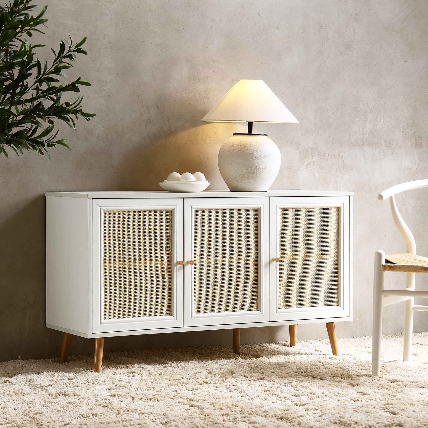 Buffet 3 portes en rotin tressé Frances, blanc