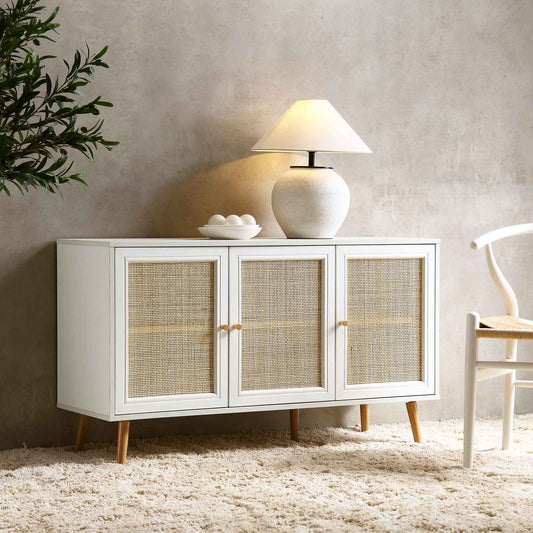 Buffet 3 portes en rotin tressé Frances, blanc