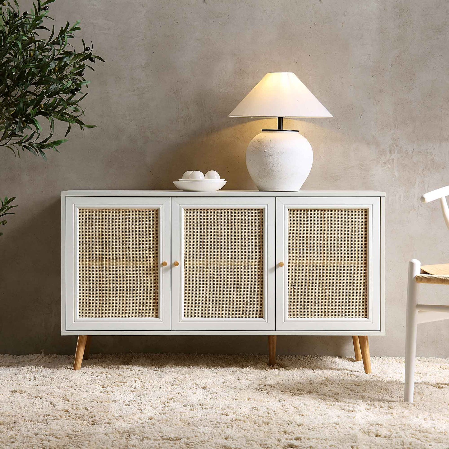 Buffet 3 portes en rotin tressé Frances, blanc
