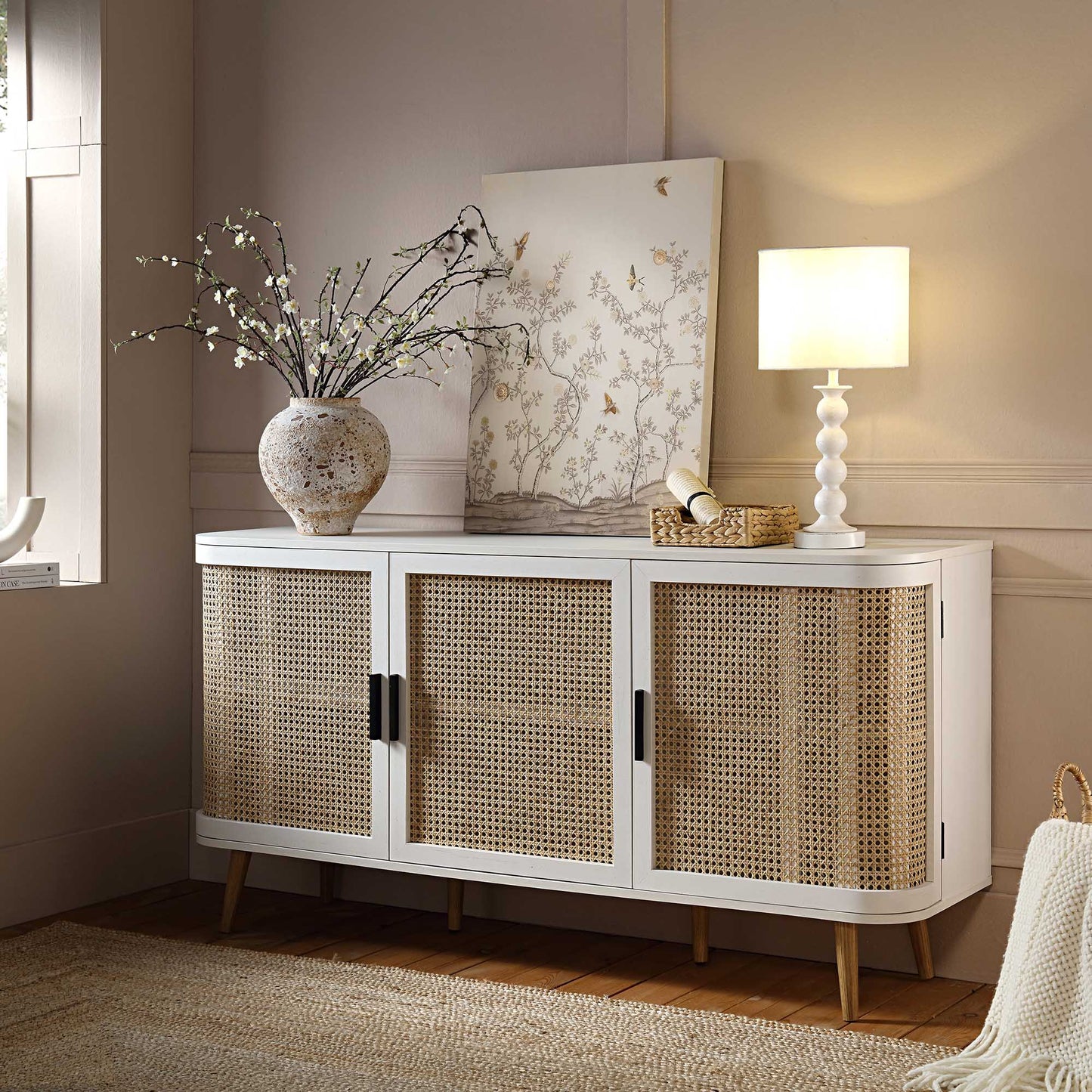 Grand buffet 3 portes en rotin courbé Izzy, blanc