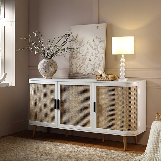 Grand buffet 3 portes en rotin courbé Izzy, blanc