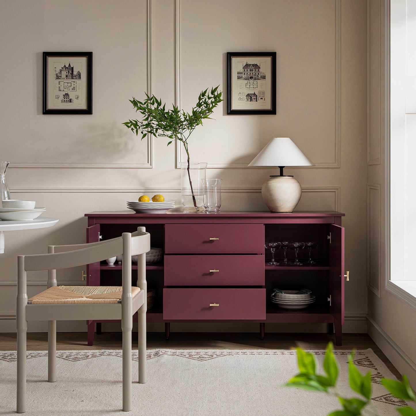 Buffet large Oakham avec tiroirs, cerisier sauvage