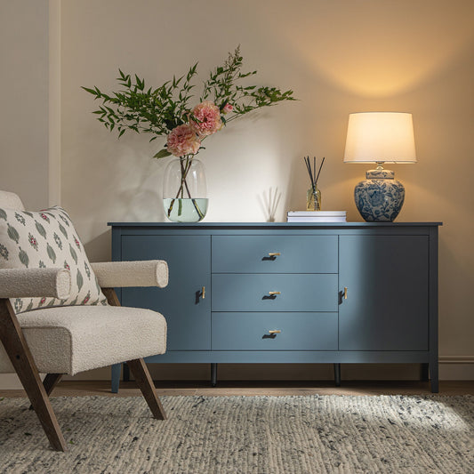 Buffet large Oakham avec tiroirs, bleu orage