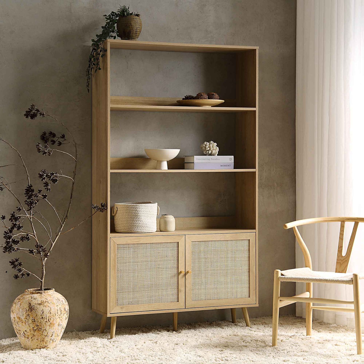 Bibliothèque en rotin tressé Frances avec portes, naturel
