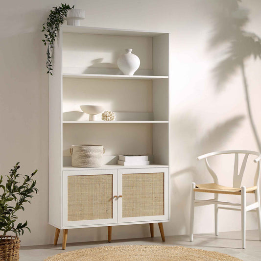 Bibliothèque en rotin tressé Frances avec portes, blanc