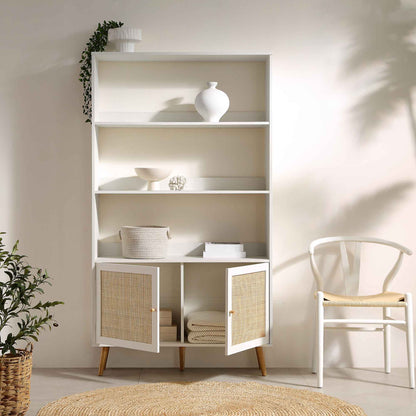 Bibliothèque en rotin tressé Frances avec portes, blanc