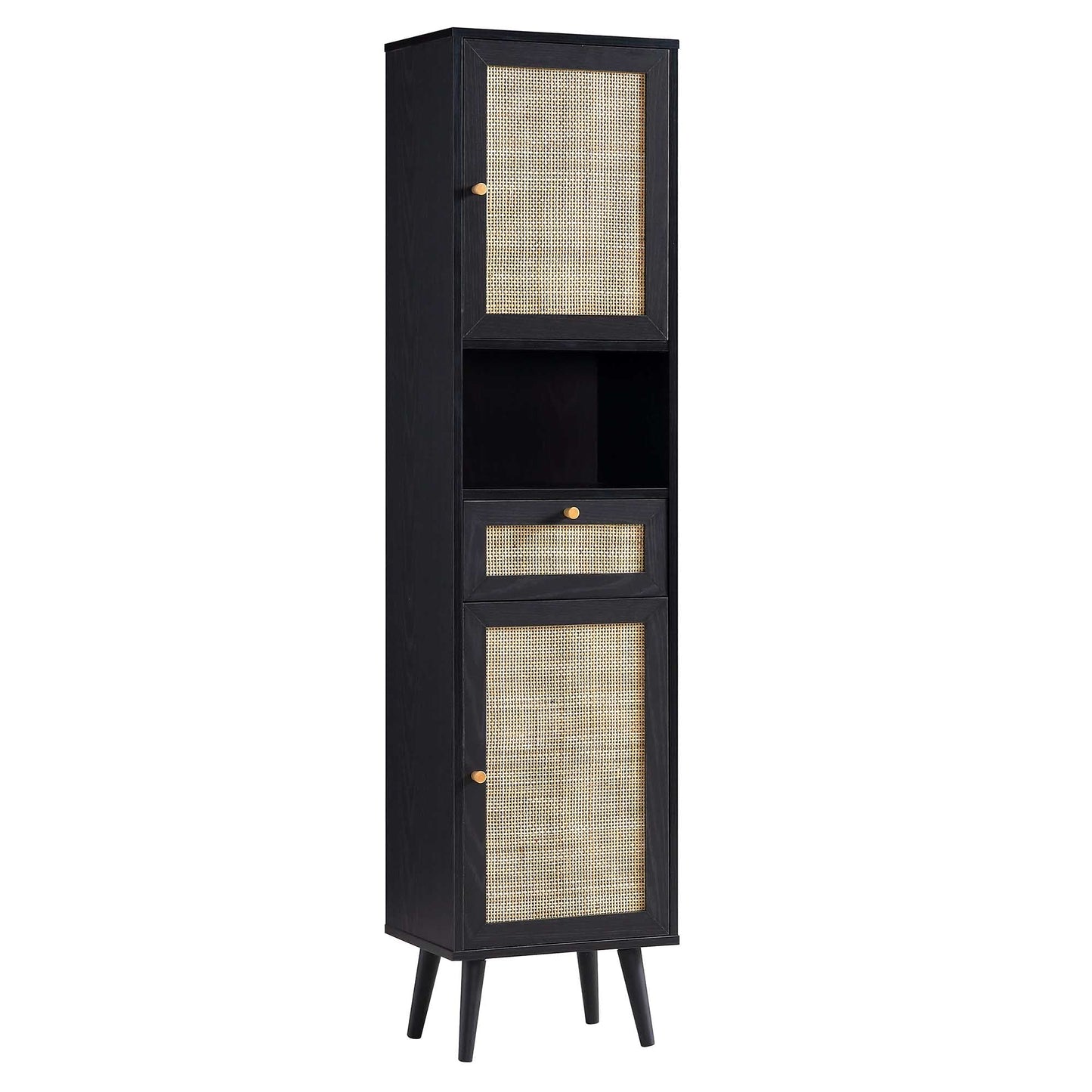 Meuble de salle de bain haut en rotin tressé Frances, noir
