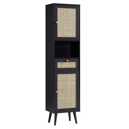 Meuble de salle de bain haut en rotin tressé Frances, noir