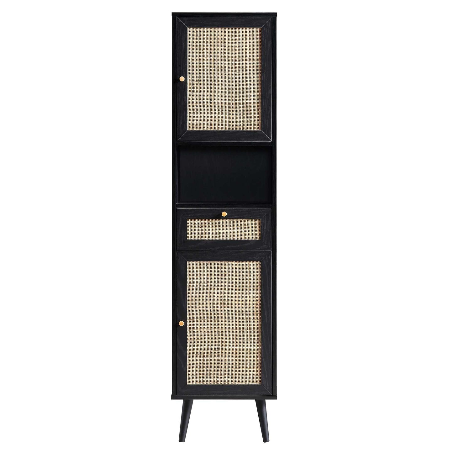 Meuble de salle de bain haut en rotin tressé Frances, noir