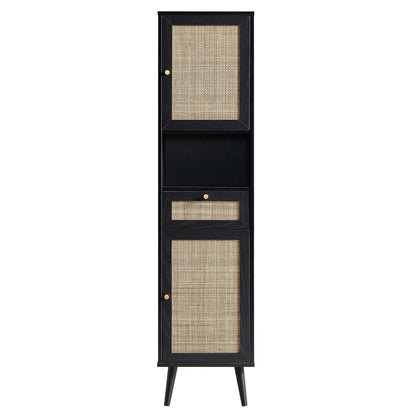 Meuble de salle de bain haut en rotin tressé Frances, noir