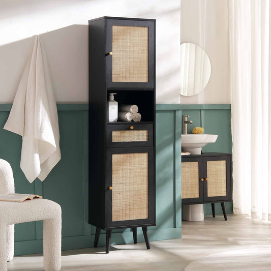 Meuble de salle de bain haut en rotin tressé Frances, noir