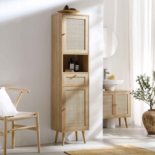 Meuble de salle de bain haut en rotin tressé Frances, naturel