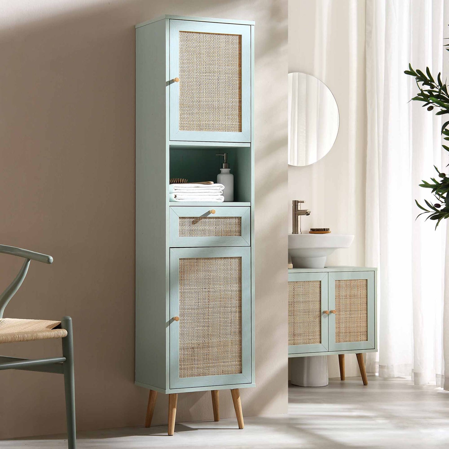 Meuble de salle de bain haut en rotin tressé Frances, vert menthe