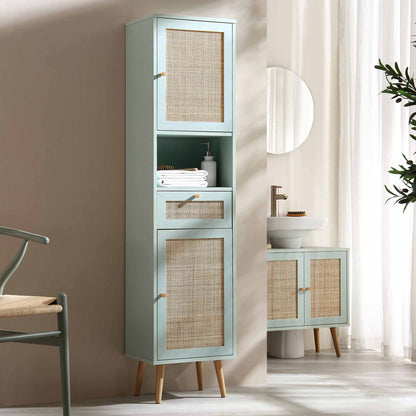 Meuble de salle de bain haut en rotin tressé Frances, vert menthe