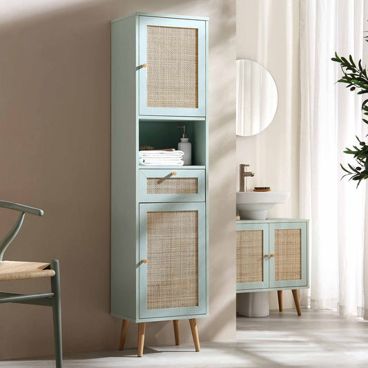 Meuble de salle de bain haut en rotin tressé Frances, vert menthe