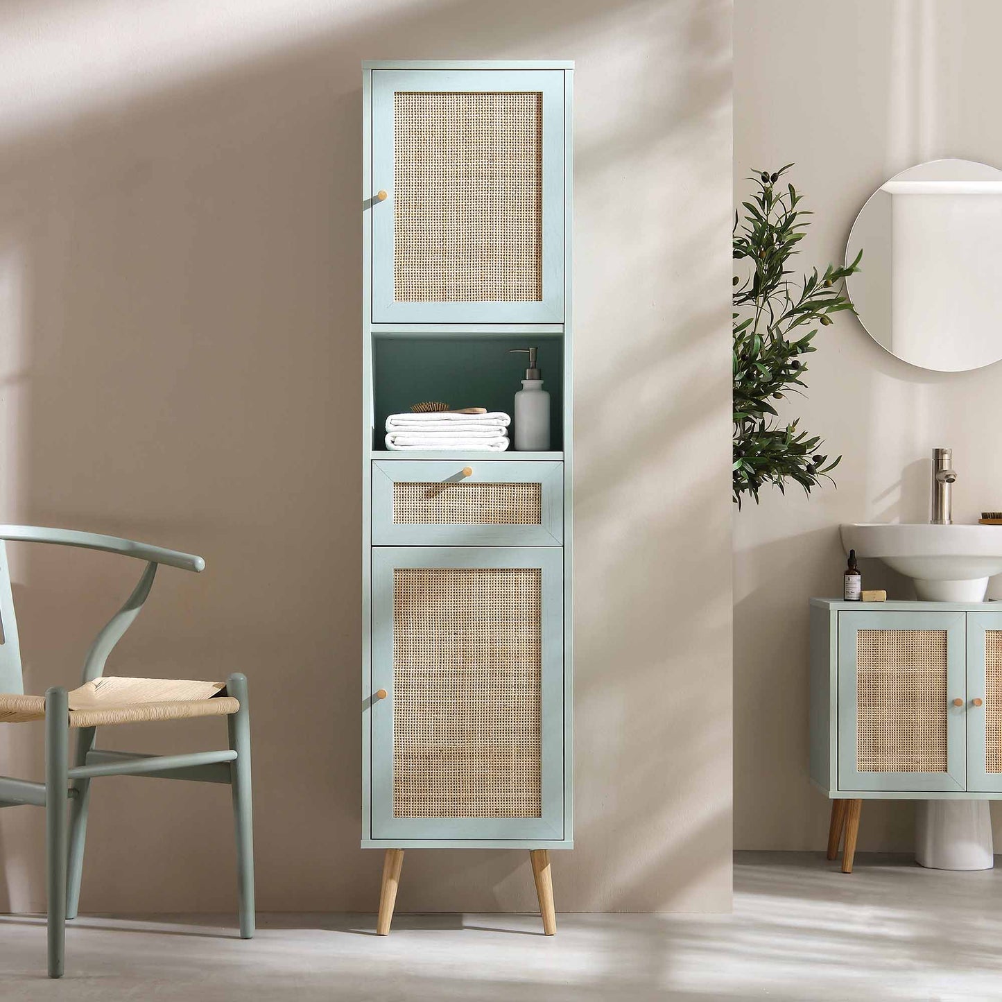 Meuble de salle de bain haut en rotin tressé Frances, vert menthe