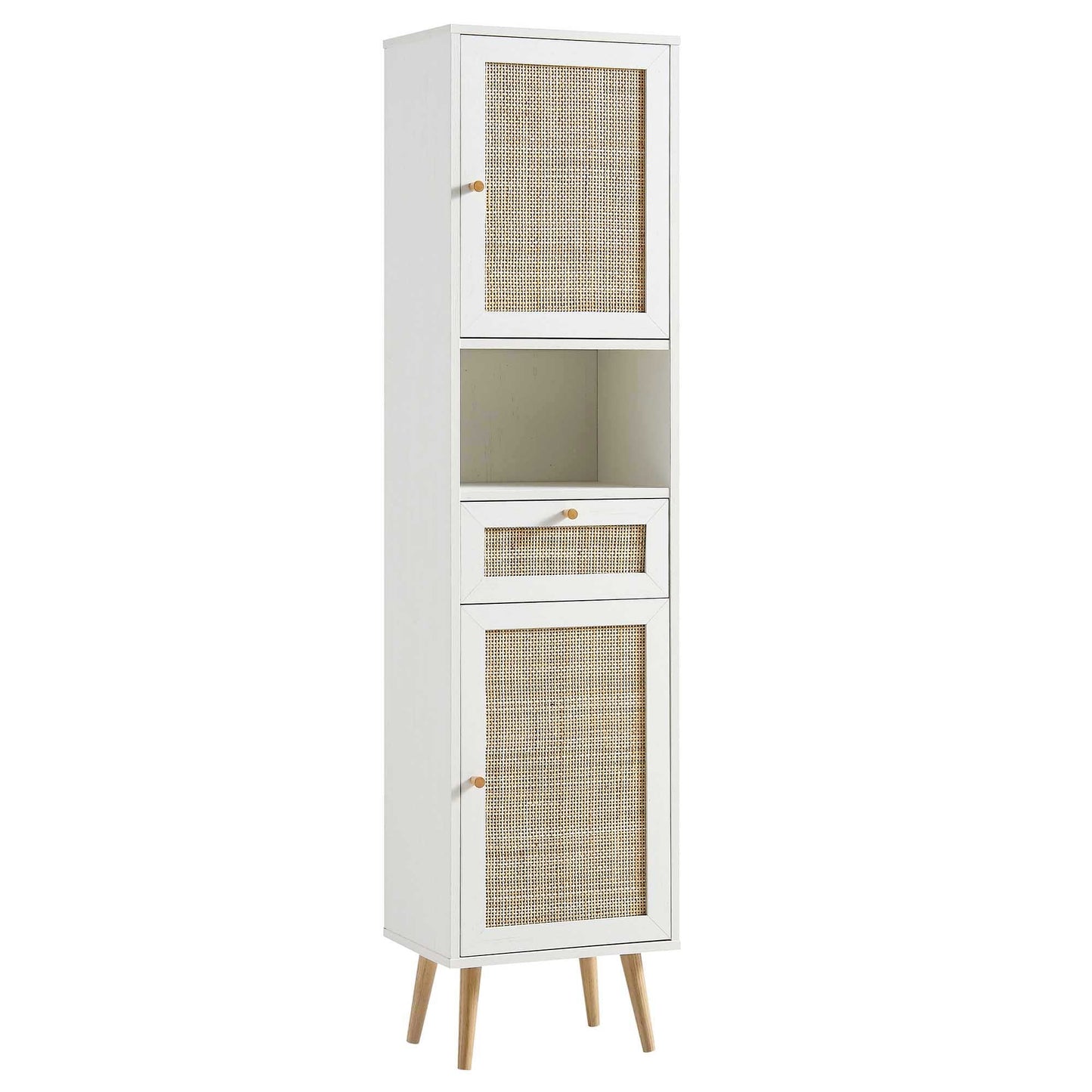 Meuble de salle de bain haut en rotin tressé Frances, blanc