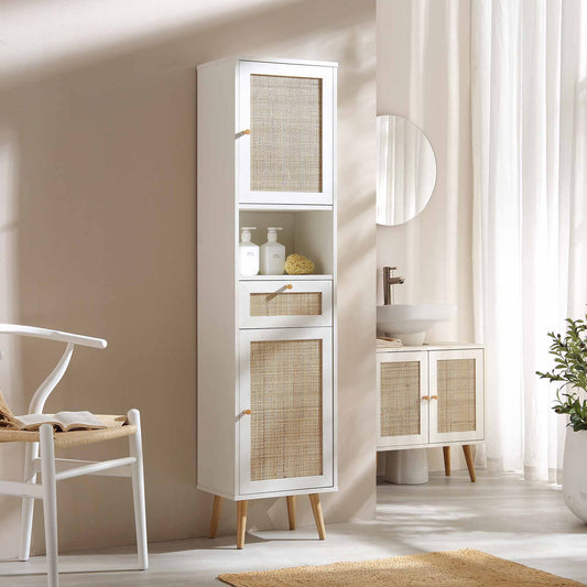 Meuble de salle de bain haut en rotin tressé Frances, blanc