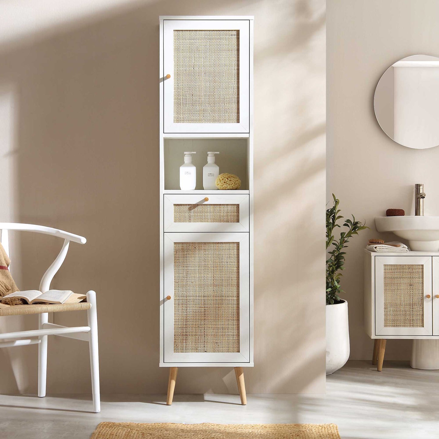 Meuble de salle de bain haut en rotin tressé Frances, blanc