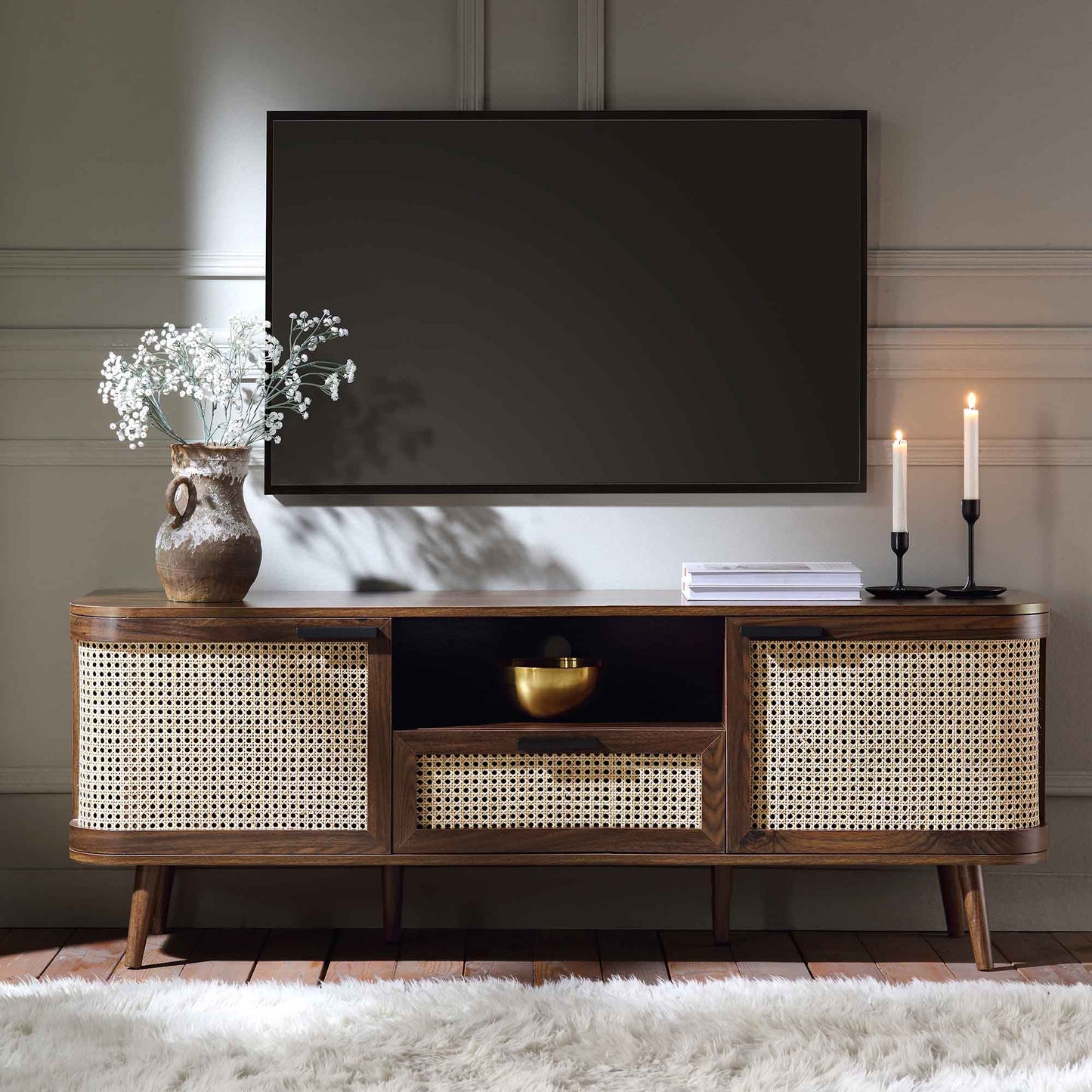 Meuble TV Izzy Curved Rattan 59, noyer