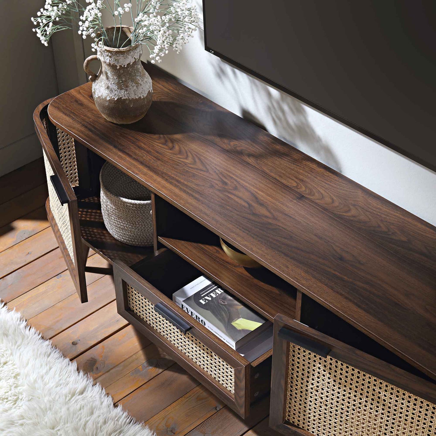Meuble TV Izzy Curved Rattan 59, noyer