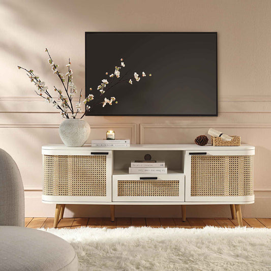 Meuble TV Izzy Curved Rattan 59, blanc
